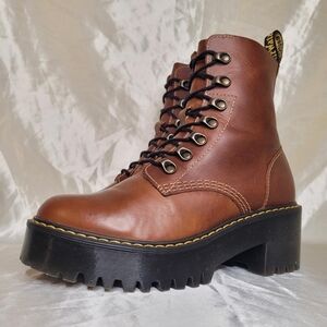 Dr. Martens Leona leather heeled platform boots in Butterscotch